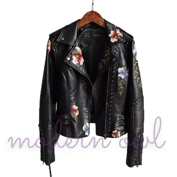 New! Black Embroidered Flowers With Stud Faux Leather Motorcycle Style Jacket - Picture 4 of 15